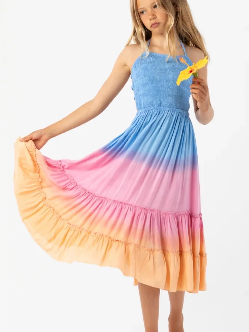 Tiare Hawaii Blue to Pink to Peach Ombre Halter Maxi Dress